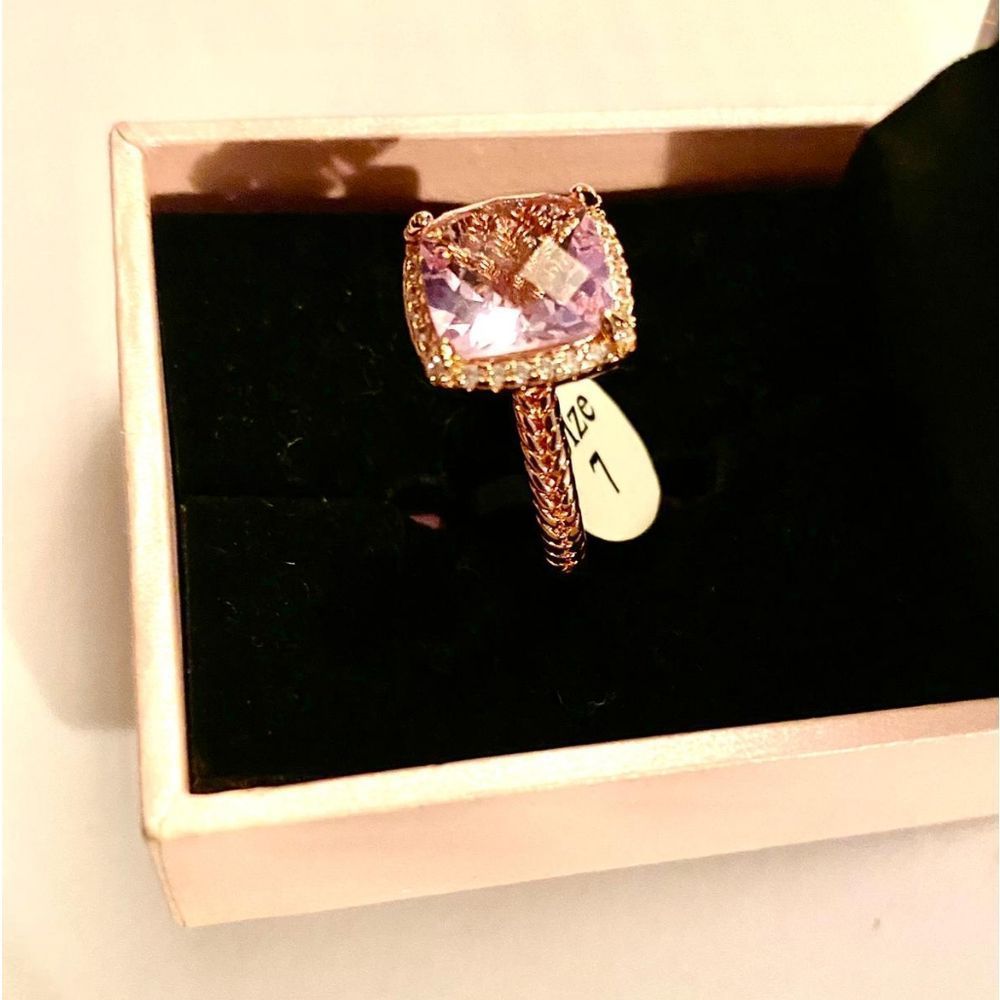 PEERMONT PRINCESS CUT PINK QUARTZ RING ,ROSE GOLD PLATED
